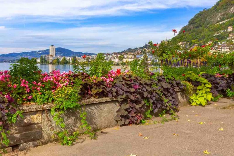 Panoramic view of Montreux promenade and Lake Geneva, Switzerland