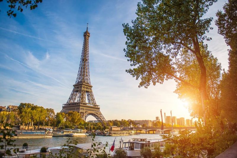 Sunset view of Eiffel tower and Seine river in Paris, France.