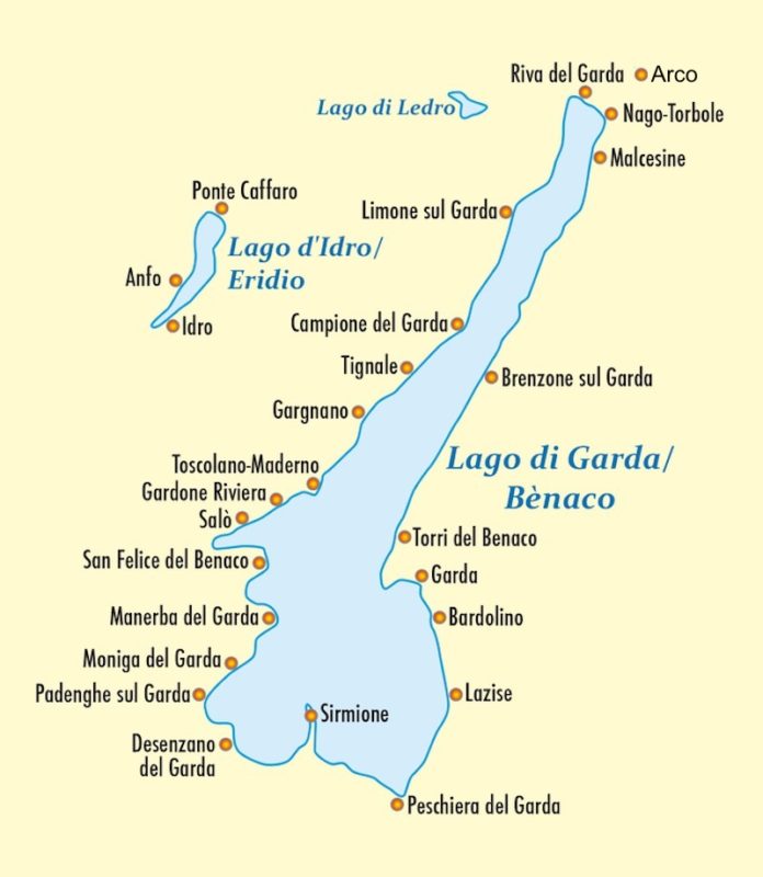 Die Karte des Gardasees zeigt die wichtigsten Orte in Seenähe